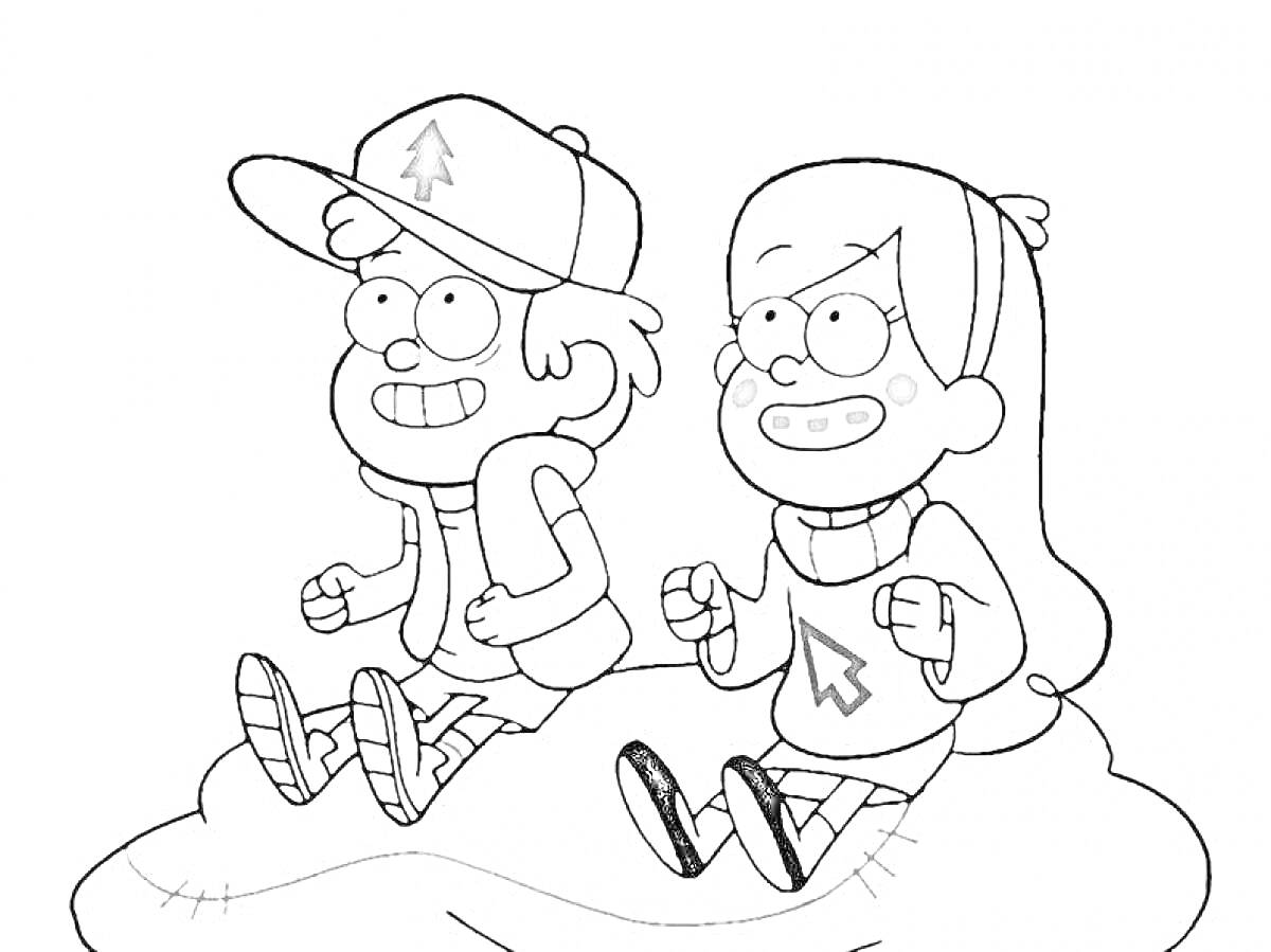 Раскраска Два улыбающихся ребенка, сидящих на большом листе, на мальчике кепка с елочкой, на девочке свитер со стрелкой