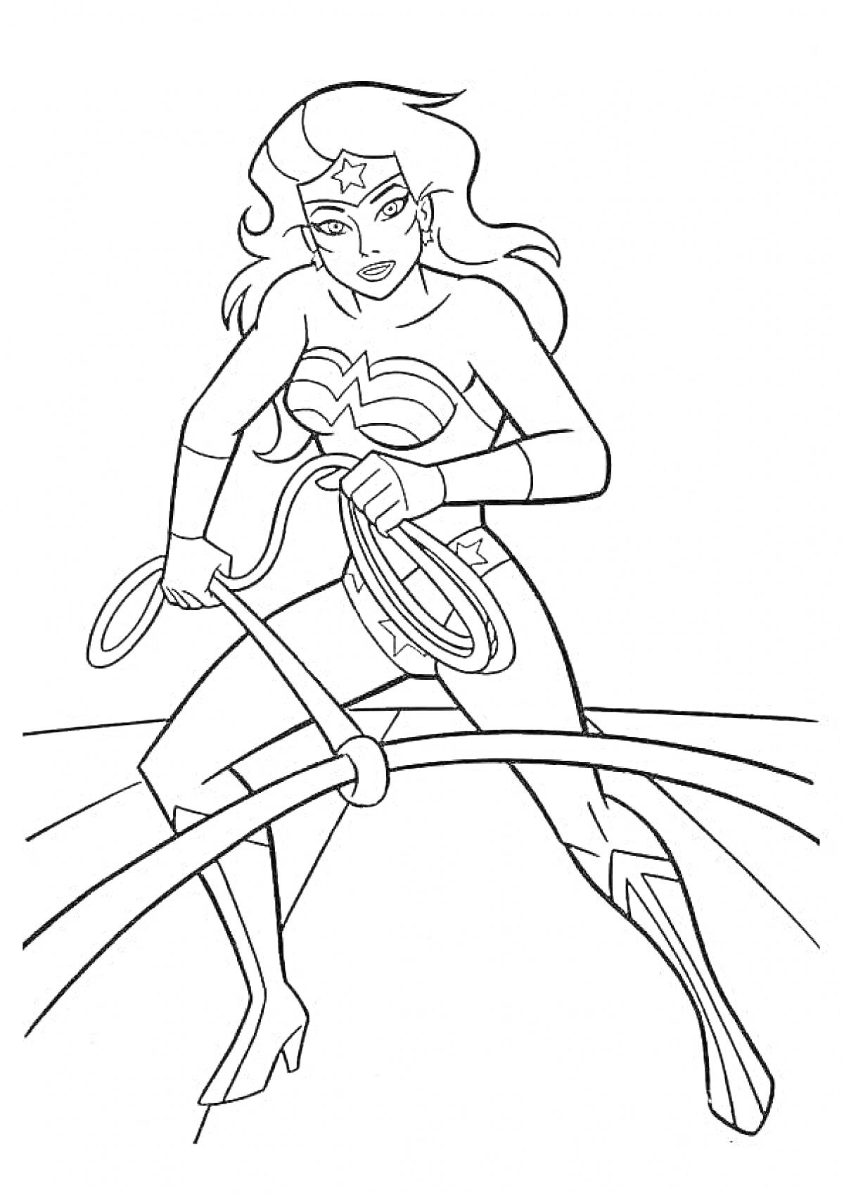 Раскраска Женщина с длинными волосами в костюме с короной и звездой, держащая веревку и стоящая на земле