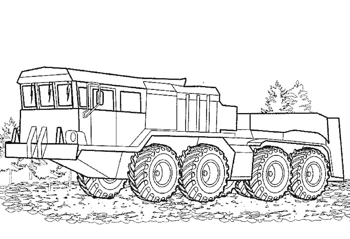 Раскраска Военный грузовик на пересеченной местности рядом с деревьями