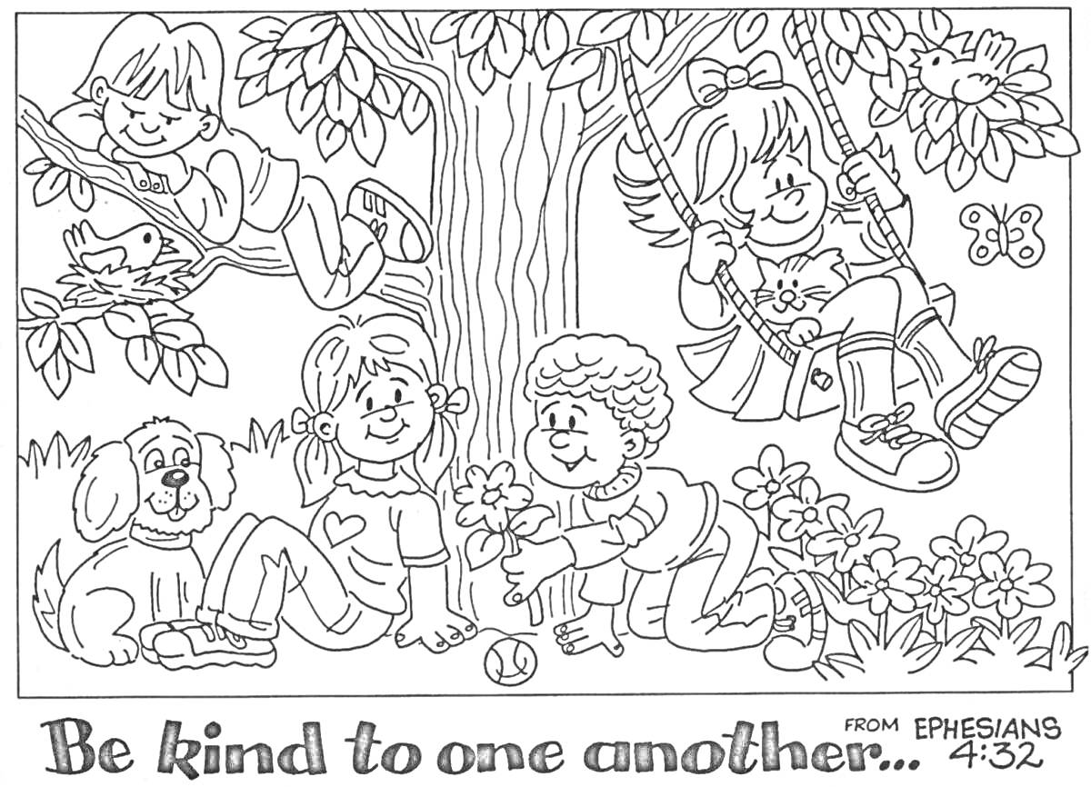 Раскраска Дети, раскачивающиеся на дереве и качелях с цветами, щенком, двумя птицами и бабочкой с надписью 