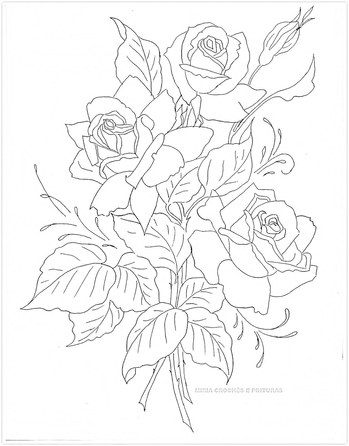 На раскраске изображено: Вышивка, Цветы, Розы, Листья, Завитки, Цветочная композиция, Контурные рисунки