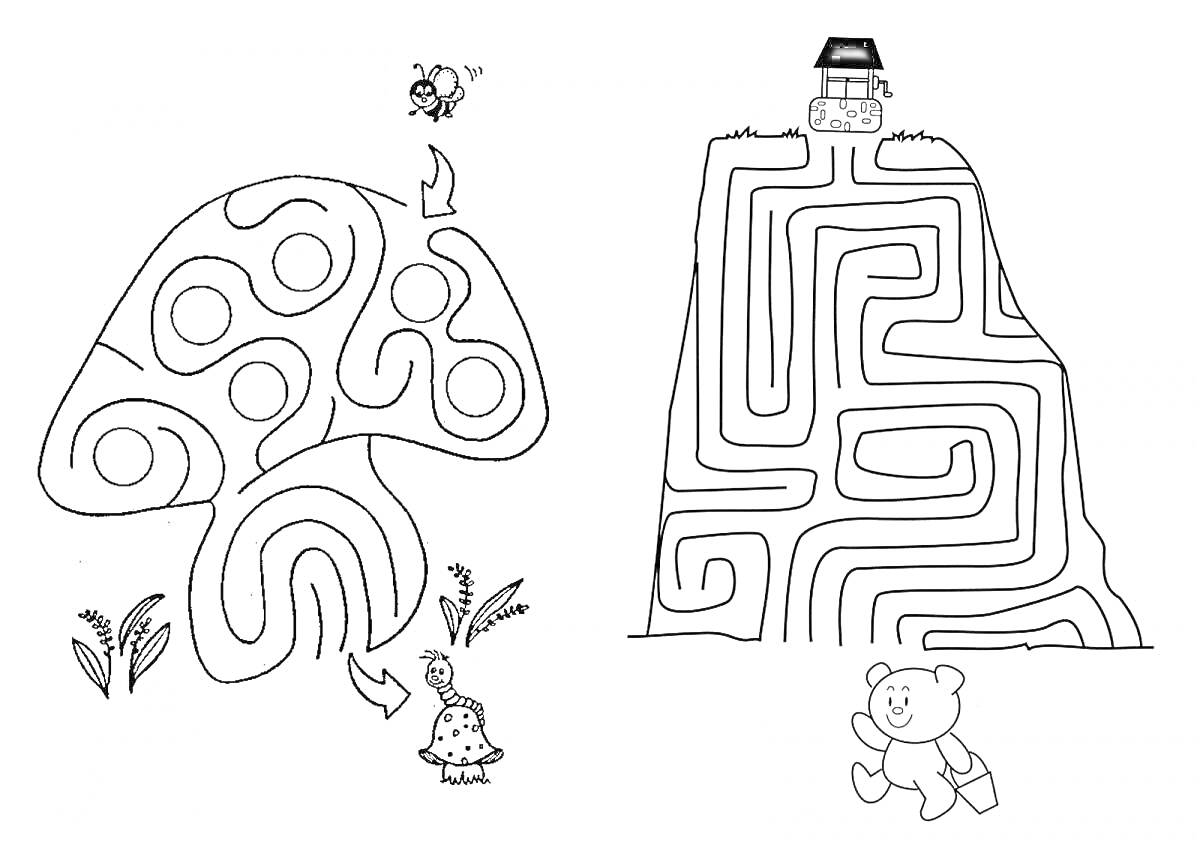 На раскраске изображено: Лабиринт, Улитка, Бабочка, Колодец, Развивающие игры, 5-6 лет