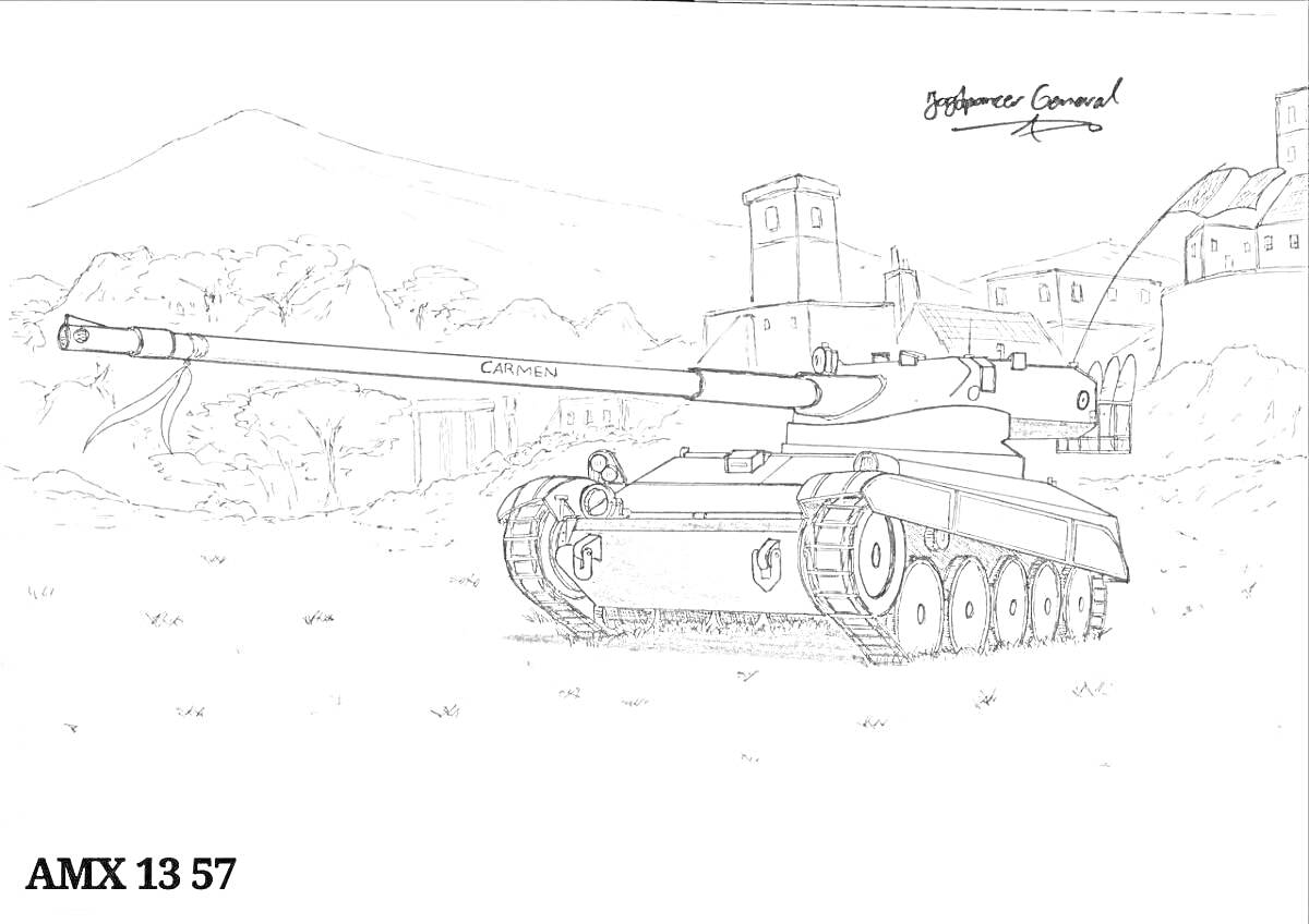 Раскраска Танковый бой в горах с построениями на заднем плане и AMX 13 57 на переднем плане