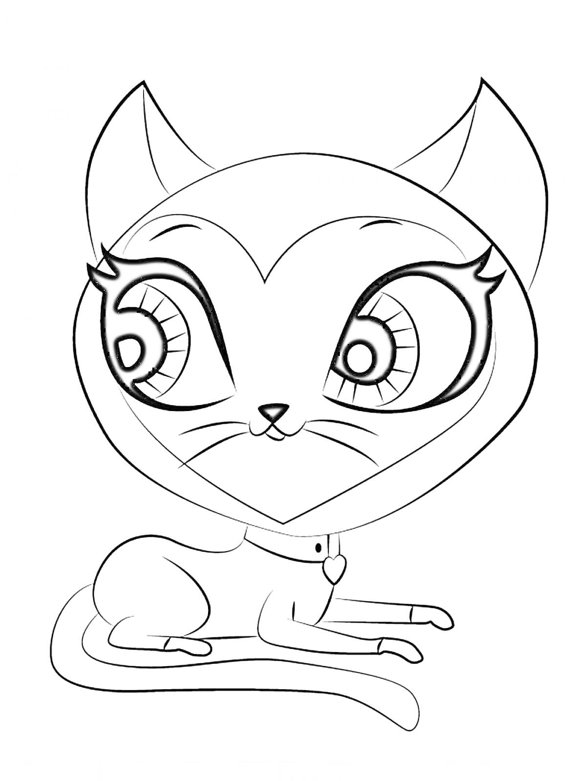 Раскраска Кошка с большими глазами и ошейником с сердечком