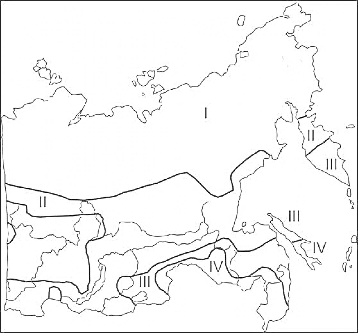 На раскраске изображено: Карта, Природные зоны, Россия, География, II, III, IV