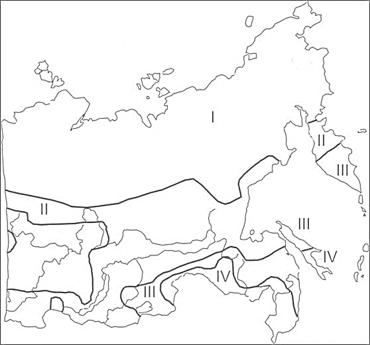 Карта природных зон России, включающая зоны: I, II, III, IV