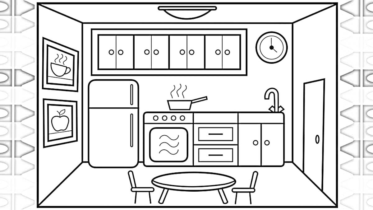 Раскраска Кухня с обеденной зоной. На изображении представлены следующие элементы: холодильник, плита с кастрюлей, кухонные шкафы, часы, раковина, дверь, два стула, круглый стол, две картины.