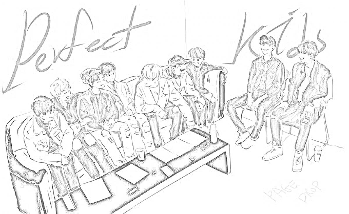 Раскраска Чёрно-белая раскраска с группой людей на диване и стуле, надпись 
