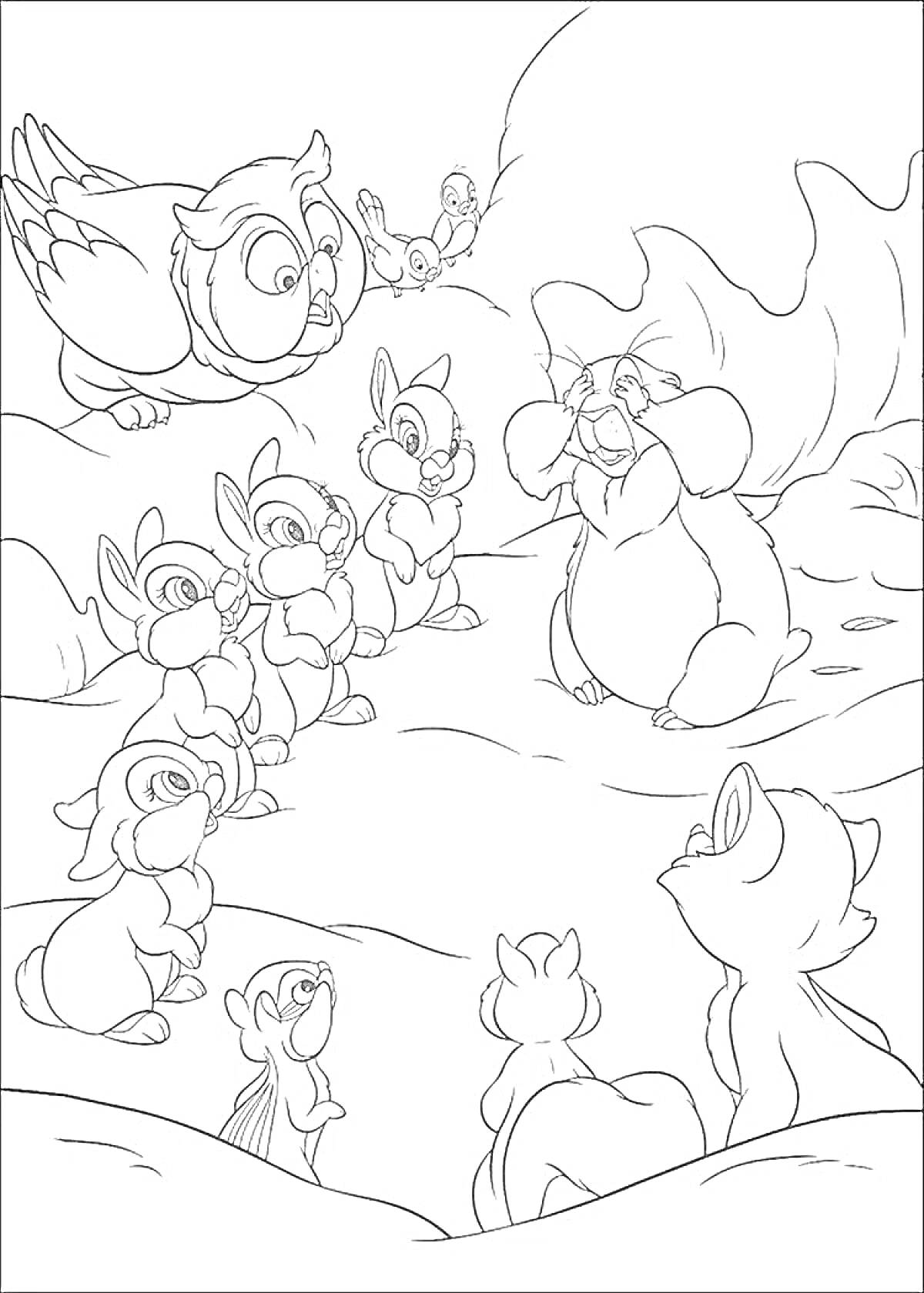 Раскраска Совушка, кролик, белочки и их младший ребёнок-g