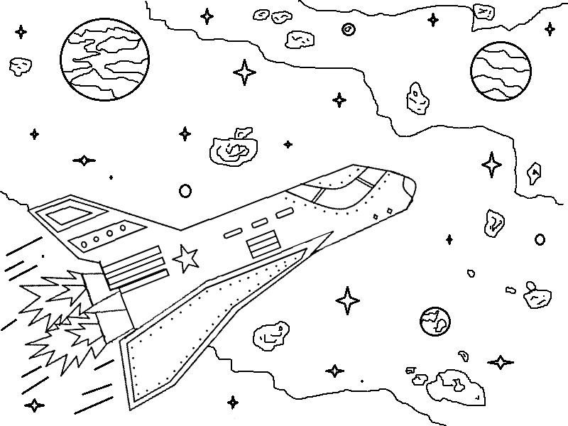 Раскраска Космический корабль, звезды, планеты, астероиды, космос
