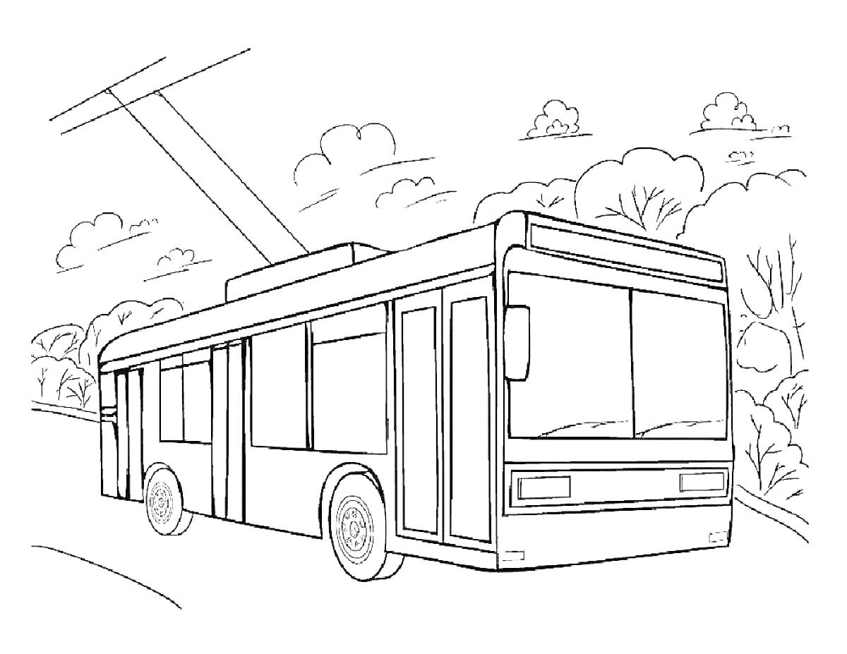 Троллейбус на дороге среди деревьев и облаков, с контактным проводом наверху