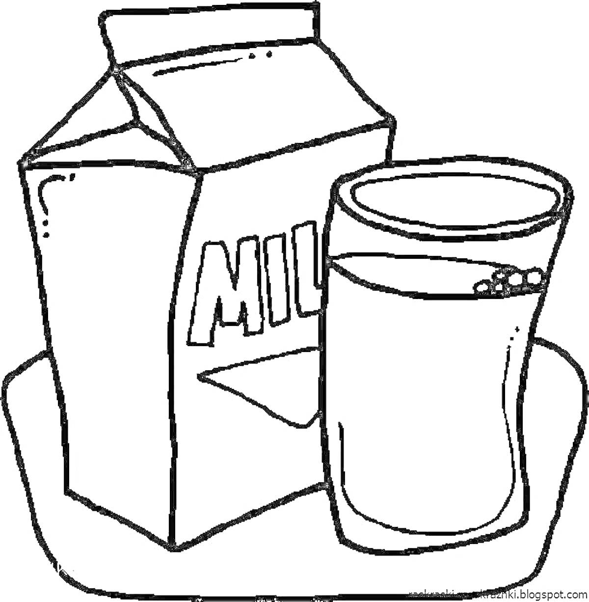 На раскраске изображено: Молоко, Коробка молока, Стакан молока, Поднос, Напиток