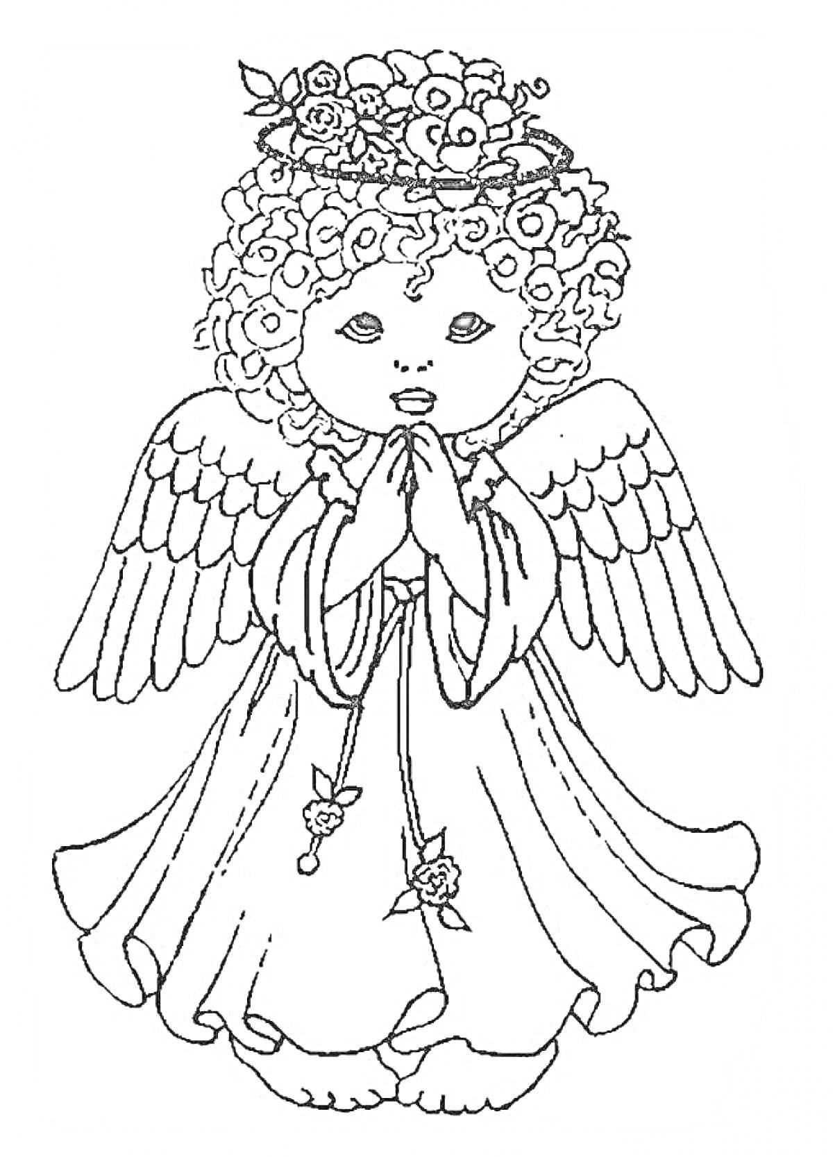 Раскраска Ангелочек с цветочным венком на голове и сложенными руками, в длинном платье с цветами