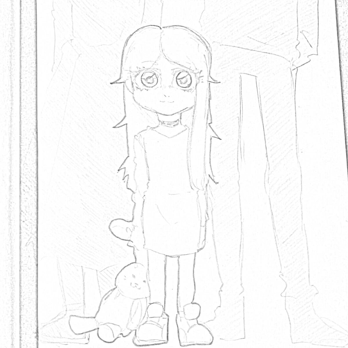 Раскраска Девочка с большими глазами, стоящая рядом с мягкой игрушкой