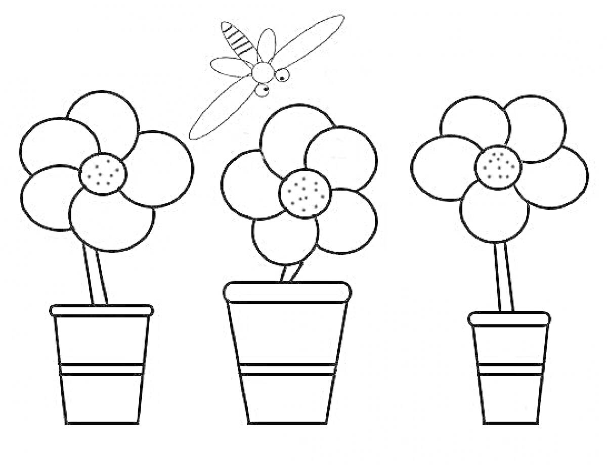 Раскраска Три цветка в горшках и стрекоза