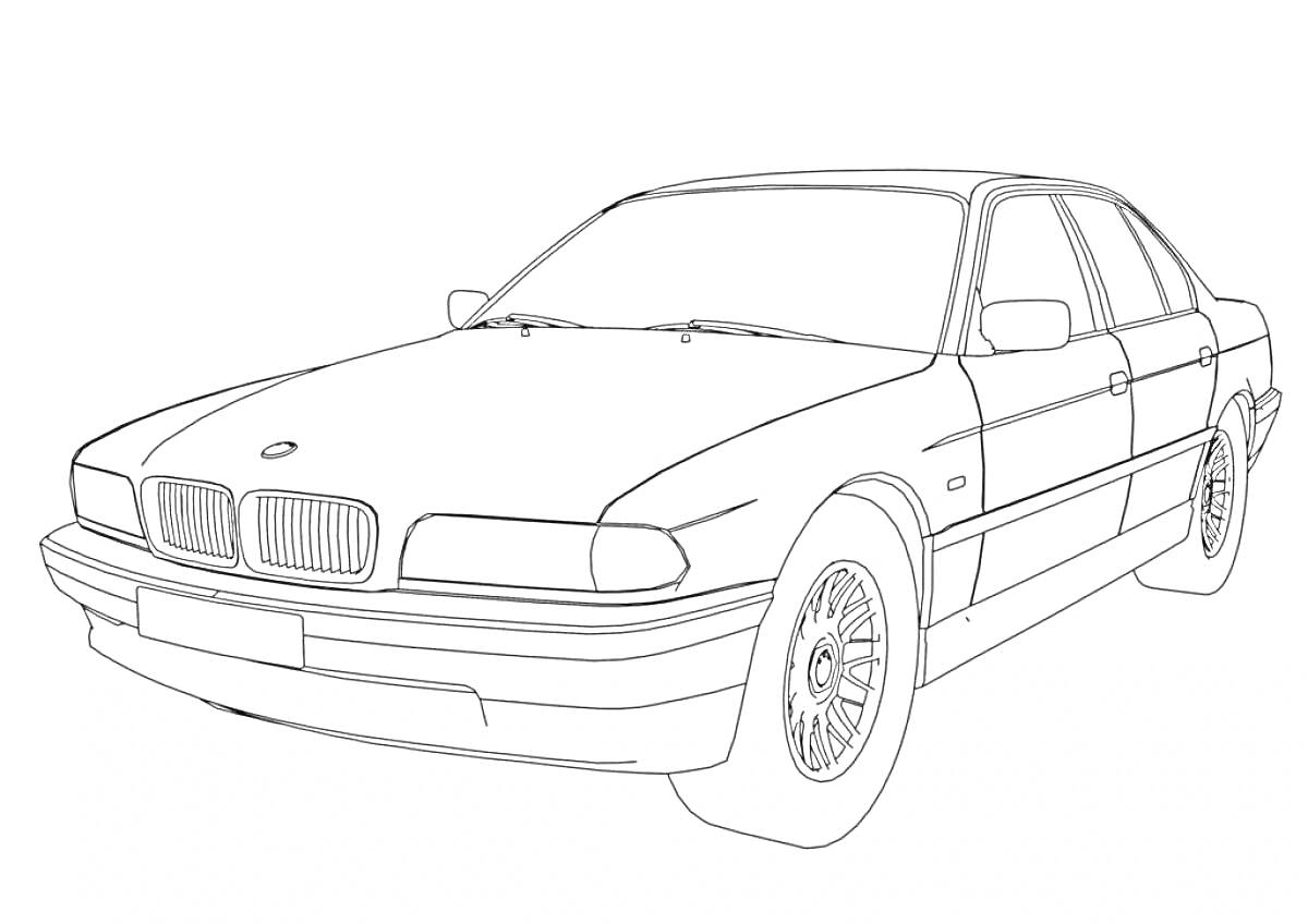 На раскраске изображено: BMW, Капот, Лобовое стекло, Фары, Авто, Контурные рисунки
