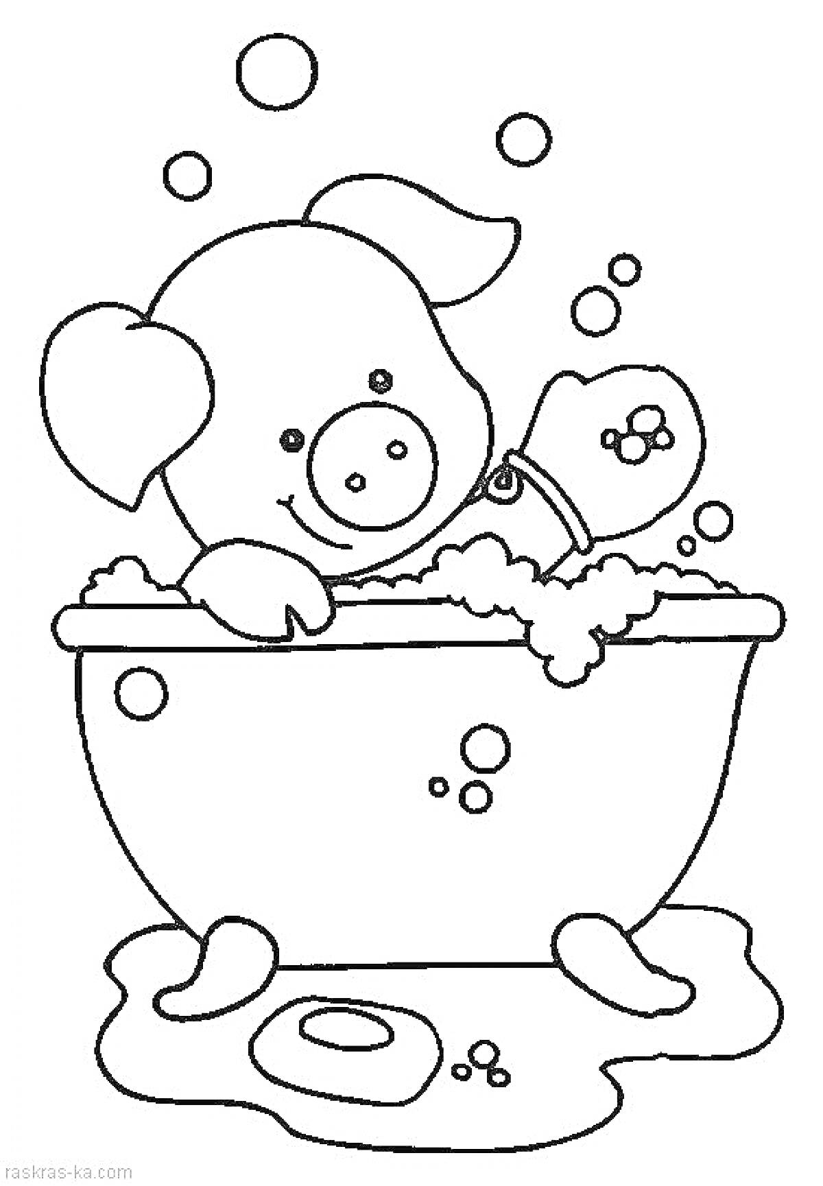 На раскраске изображено: Ванна, Пузыри, Мыло, Вода, Купание, Веселье, Для детей, Свиньи
