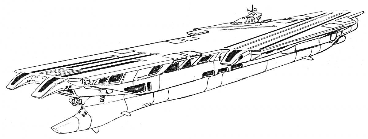Авианосец с палубой, надстройкой и взлетно-посадочной полосой