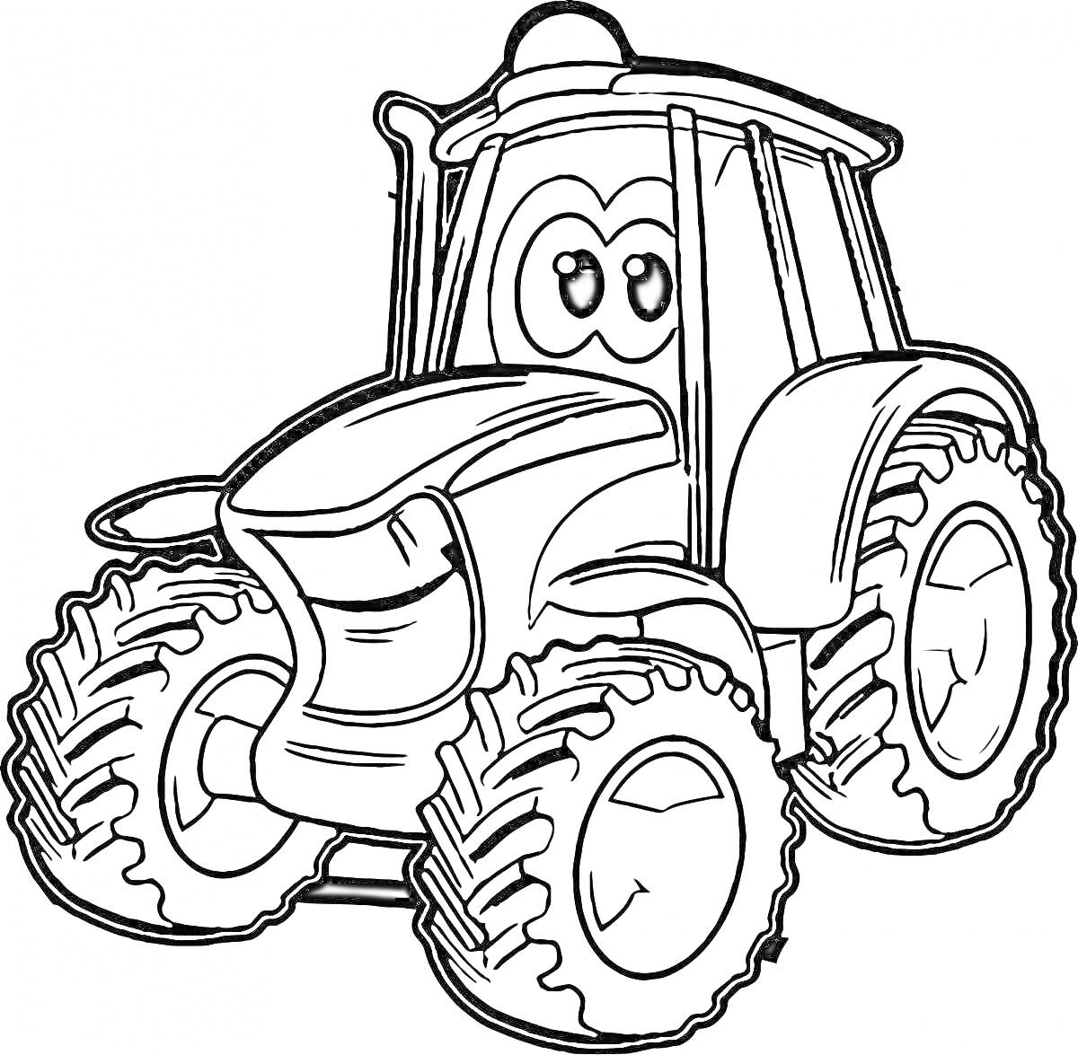 На раскраске изображено: Трактор, Гоша, Глаза, Шины, Транспорт, Колёса, Сельское хозяйство