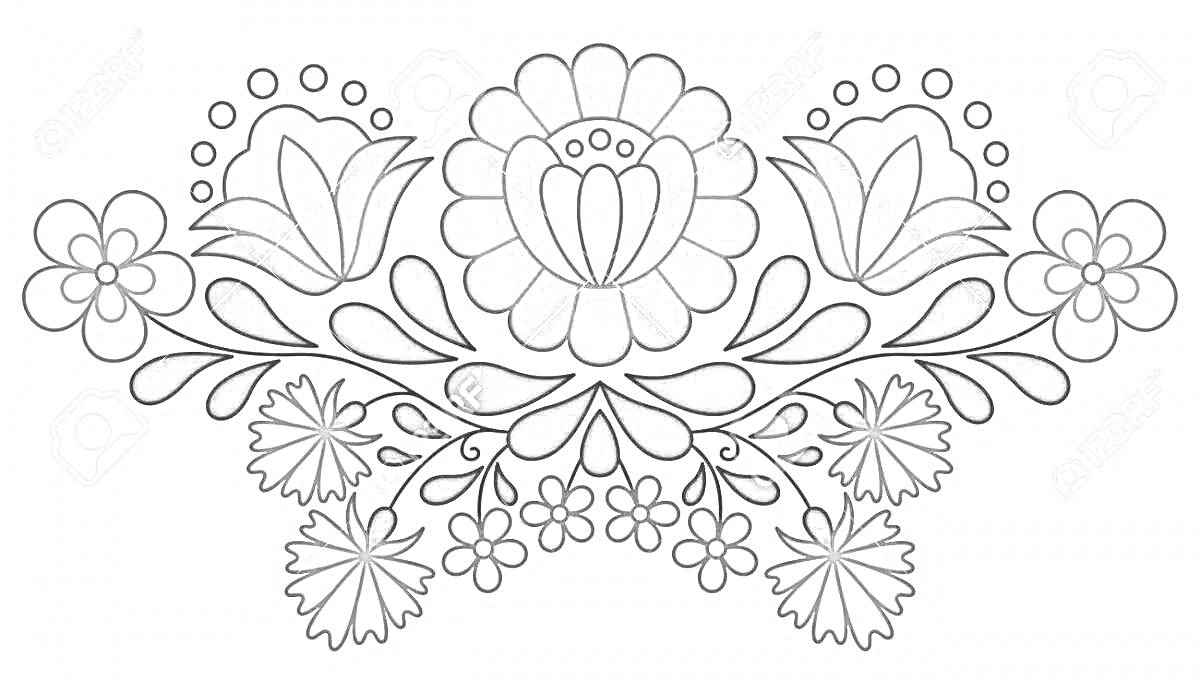 На раскраске изображено: Фартук, Татарский орнамент, Цветы, Листья, Узоры, Этнический стиль