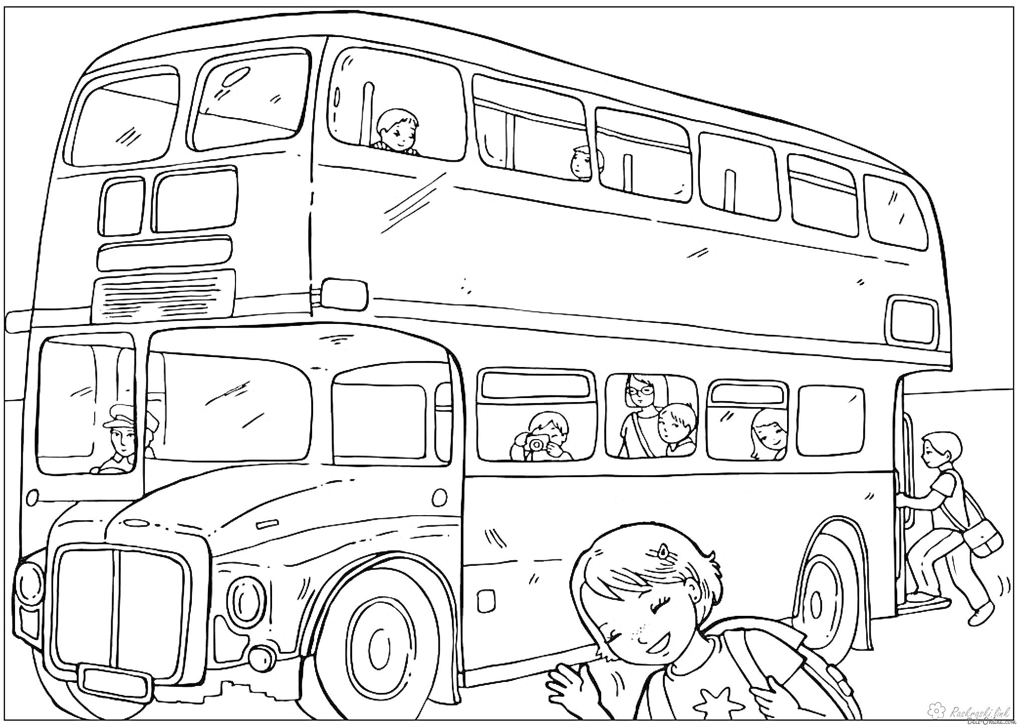Раскраска Лондонский двухэтажный автобус с пассажирами и детьми на улице