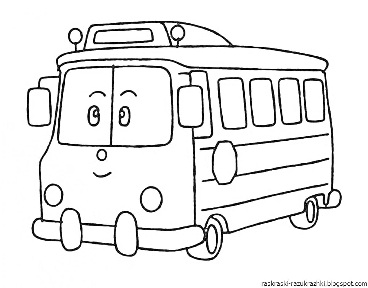 Раскраска Улыбающийся автобус с большими глазами и боковыми зеркалами