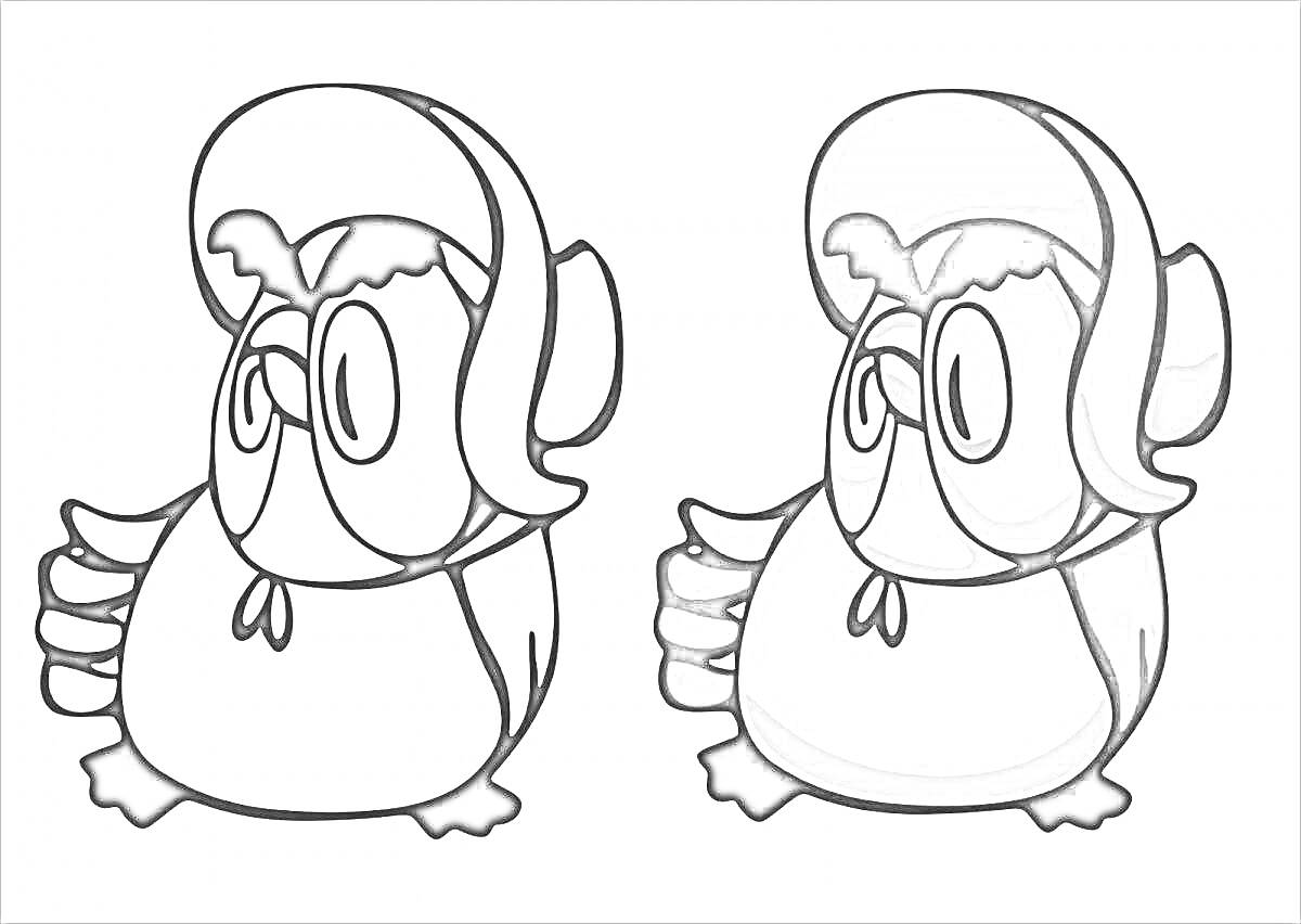 Раскраска Две раскраски с изображением Совы из Винни-Пуха, одна черно-белая, другая с частичной окраской