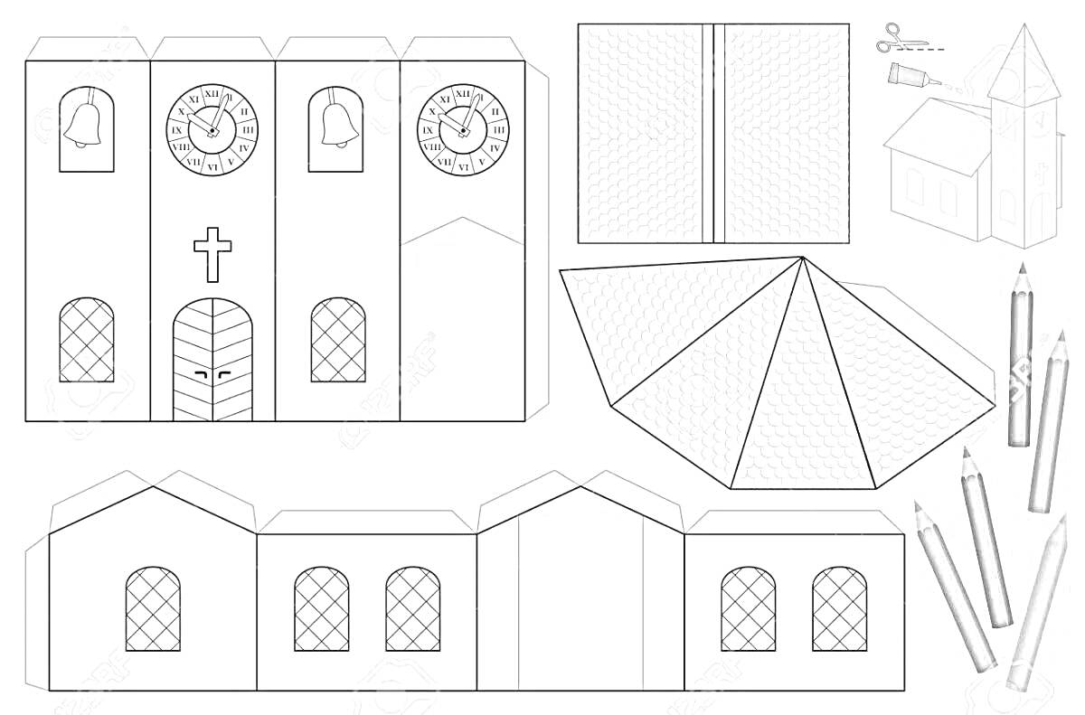 На раскраске изображено: Церковь, Часы, Крест, Крыша, Сборная модель, Карандаши