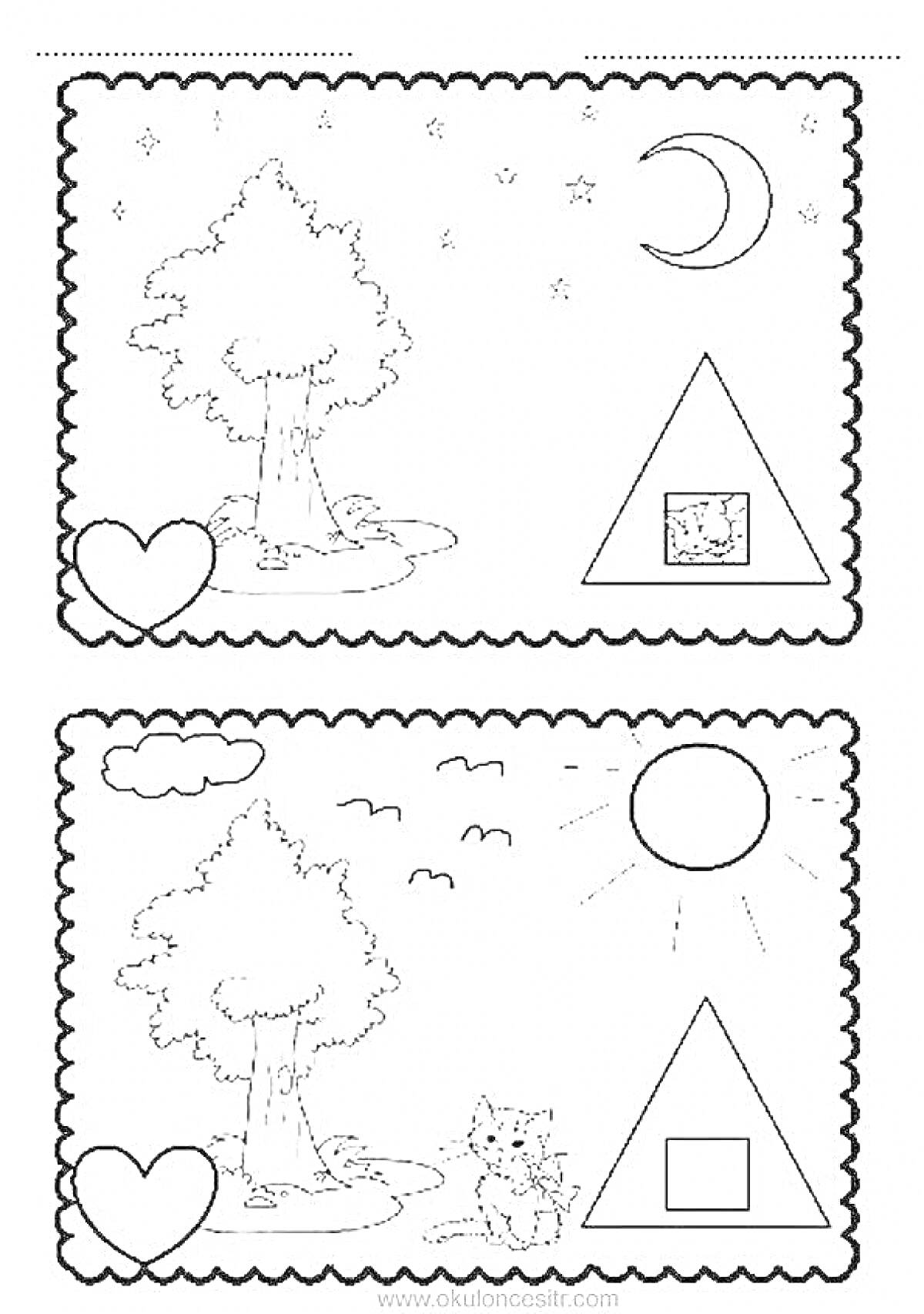 Раскраска Картина с деревом, сердцем, кошкой и пирамидой в ночное и дневное время