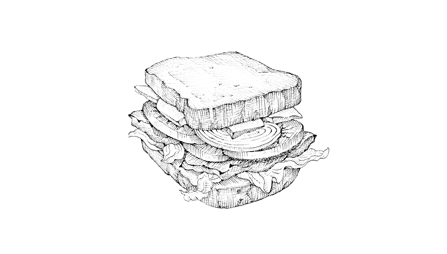 Скетч-сэндвич с хлебом, мясом, сыром, луком, томатом и салатом