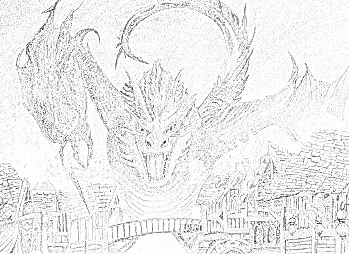 На раскраске изображено: Дракон, Атака, Деревянные дома, Мост, Огонь, Фэнтези