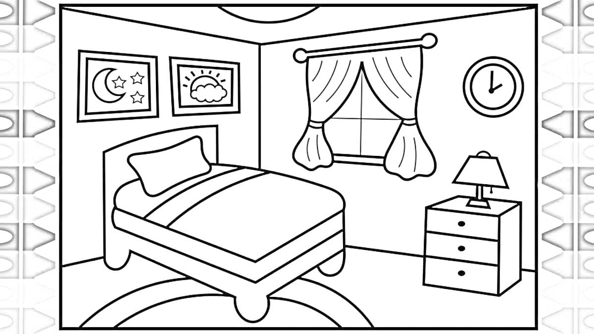 Раскраска Комната с кроватью, тумбочкой, лампой, картинами, часами и окном с занавесками
