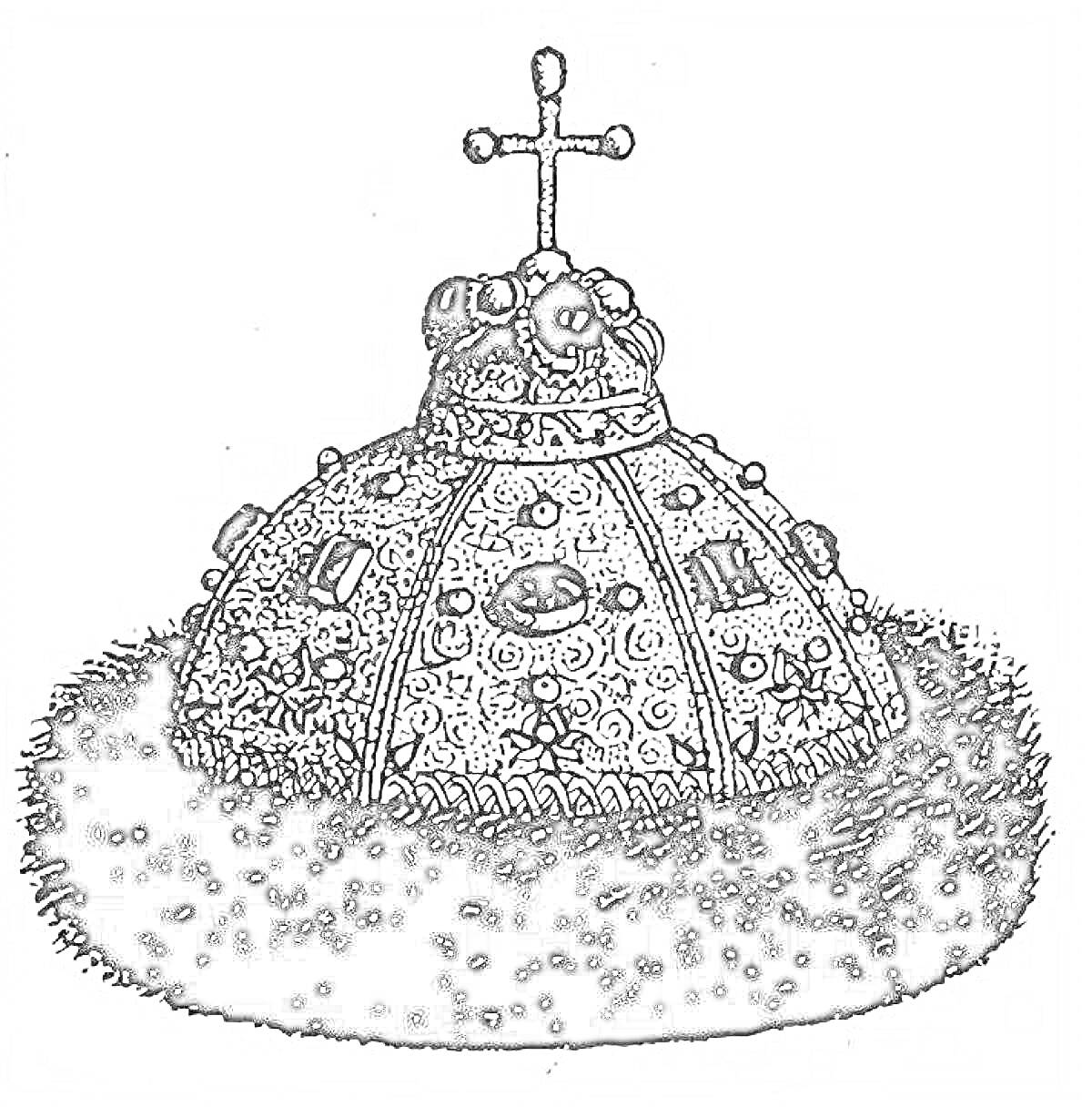 Раскраска Шапка Мономаха с крестом и меховой опушкой, украшенная драгоценными камнями и узорами