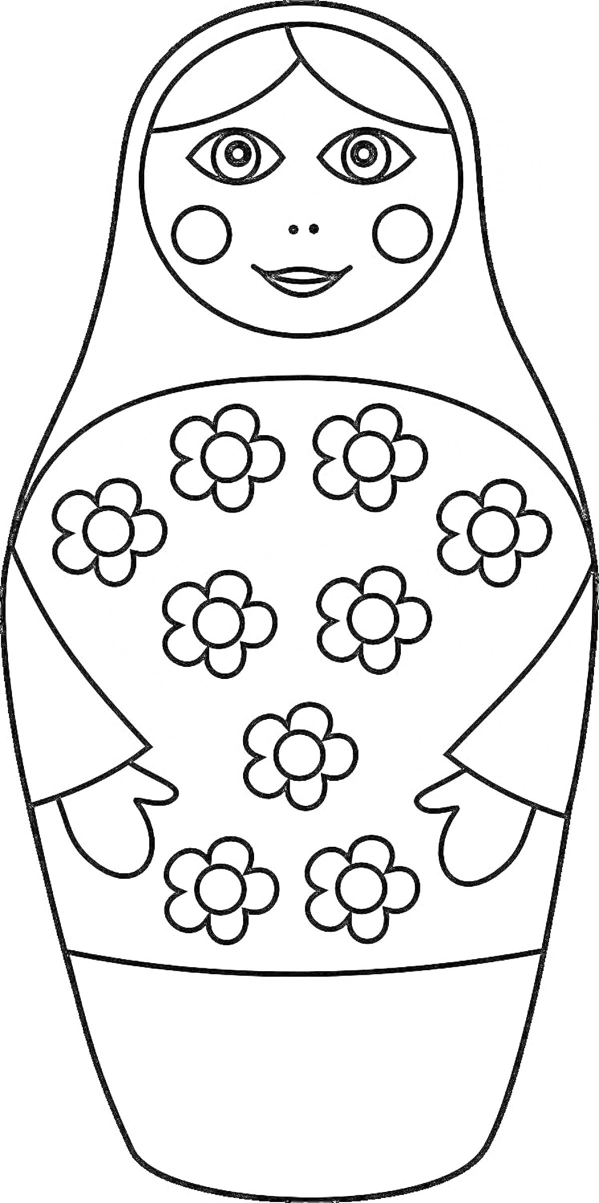 Раскраска Матрешка с цветами и румяными щеками