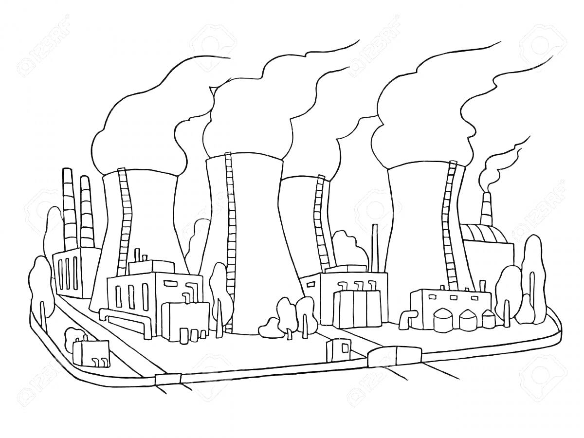 На раскраске изображено: Завод, Здания, Дым, Промышленность