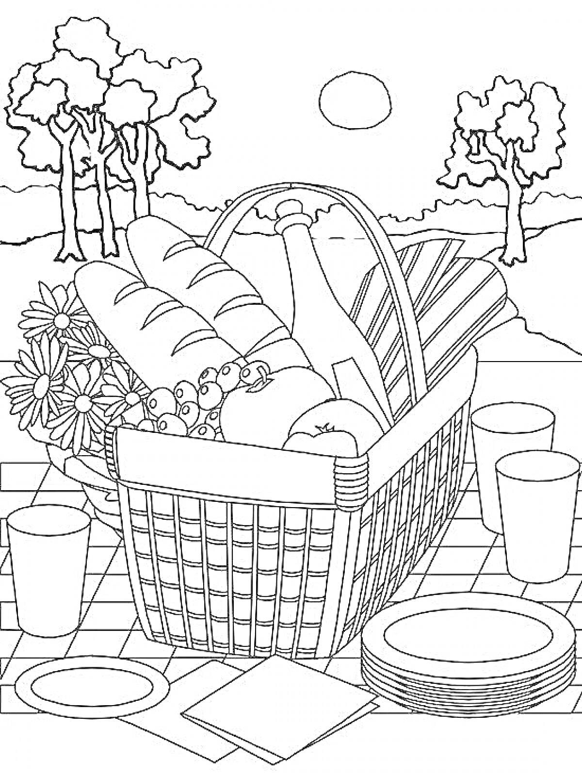 Раскраска Пикник с корзиной, хлебом, вином, фруктами, цветами, посудой и салфетками на фоне природы с деревьями и солнцем