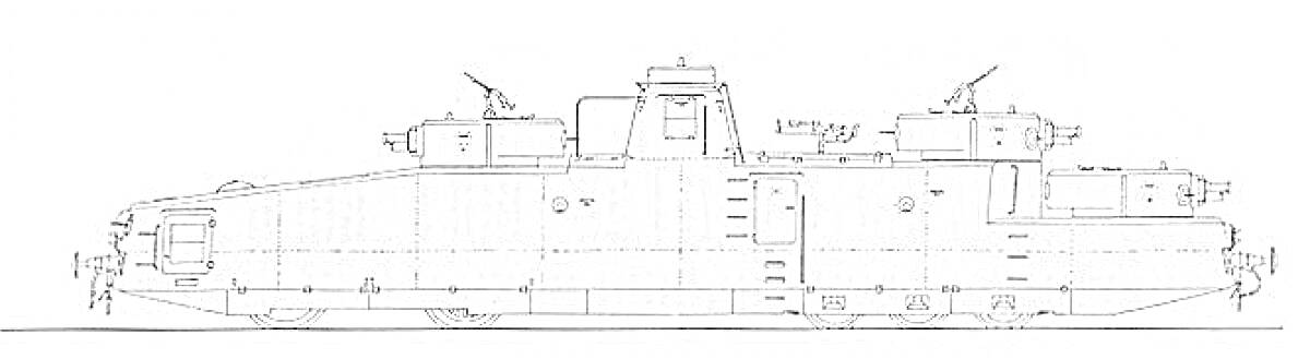 Раскраска Бронепоезд с тремя башнями и пулеметными установками