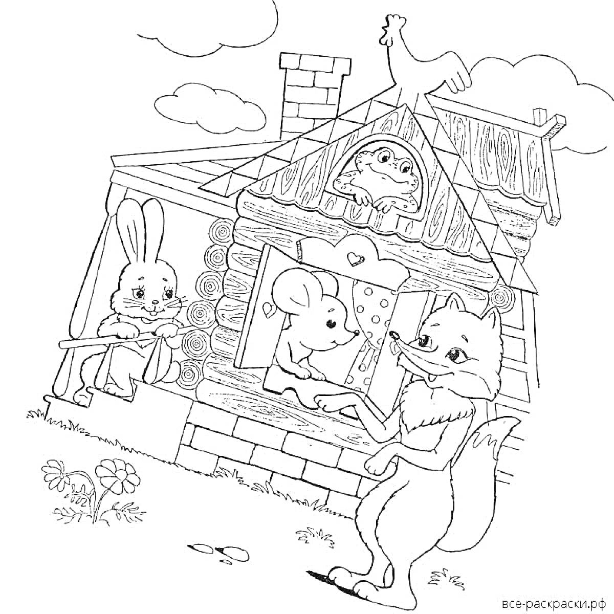 На раскраске изображено: Теремок, Кролик, Лиса, Сова, Домик, Животные