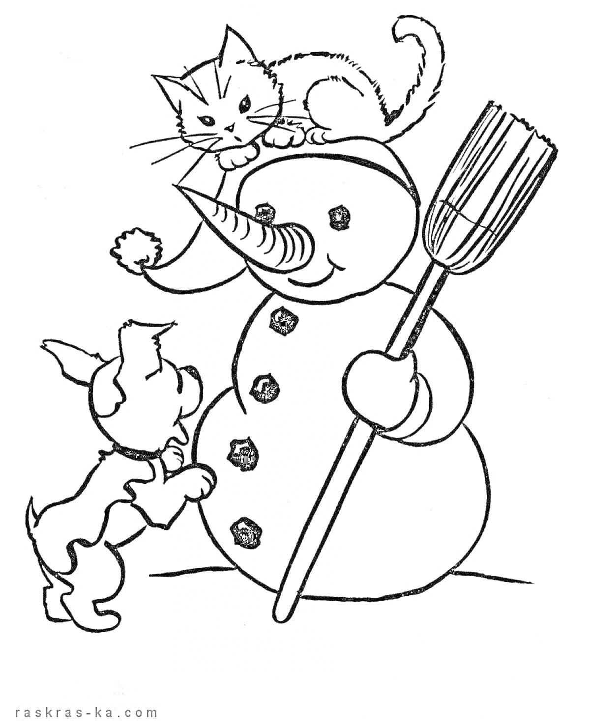 Раскраска кошка на снеговике с метлой и собака