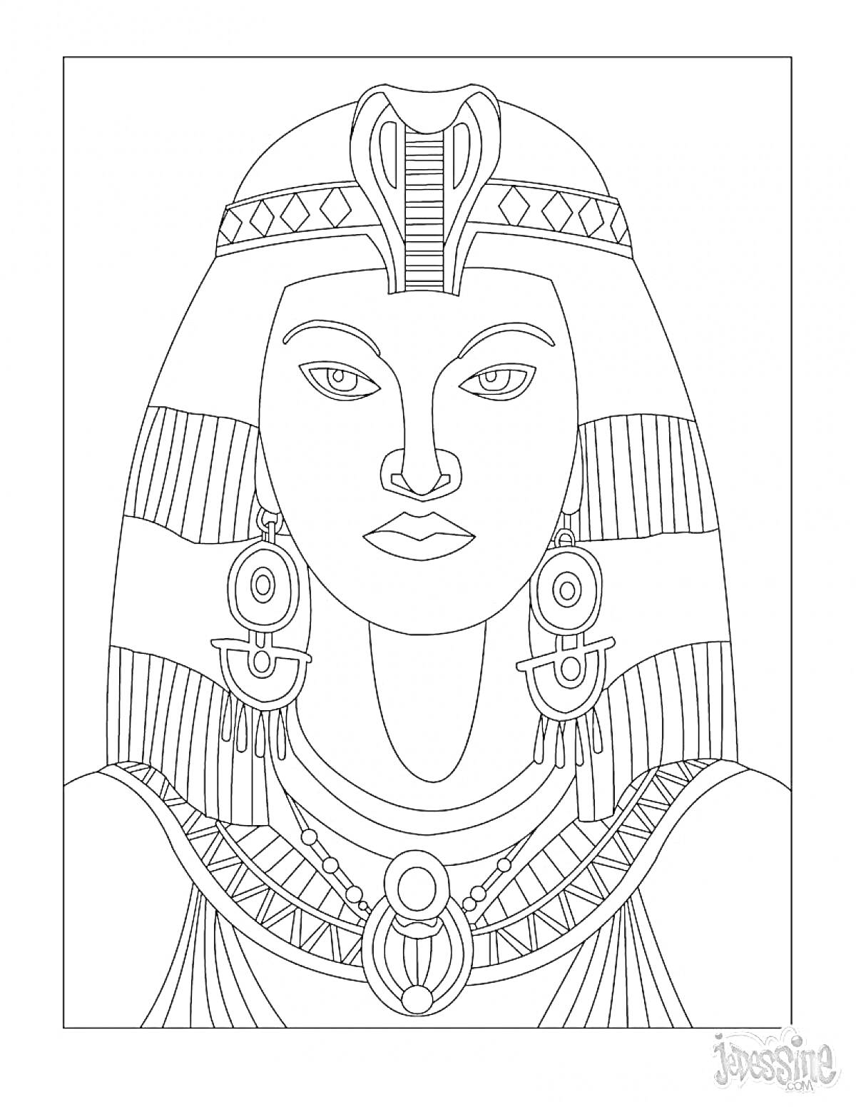 На раскраске изображено: Древний Египет, Украшения, Серьги, Подвески, Ожерелье, Медальон, Фараон