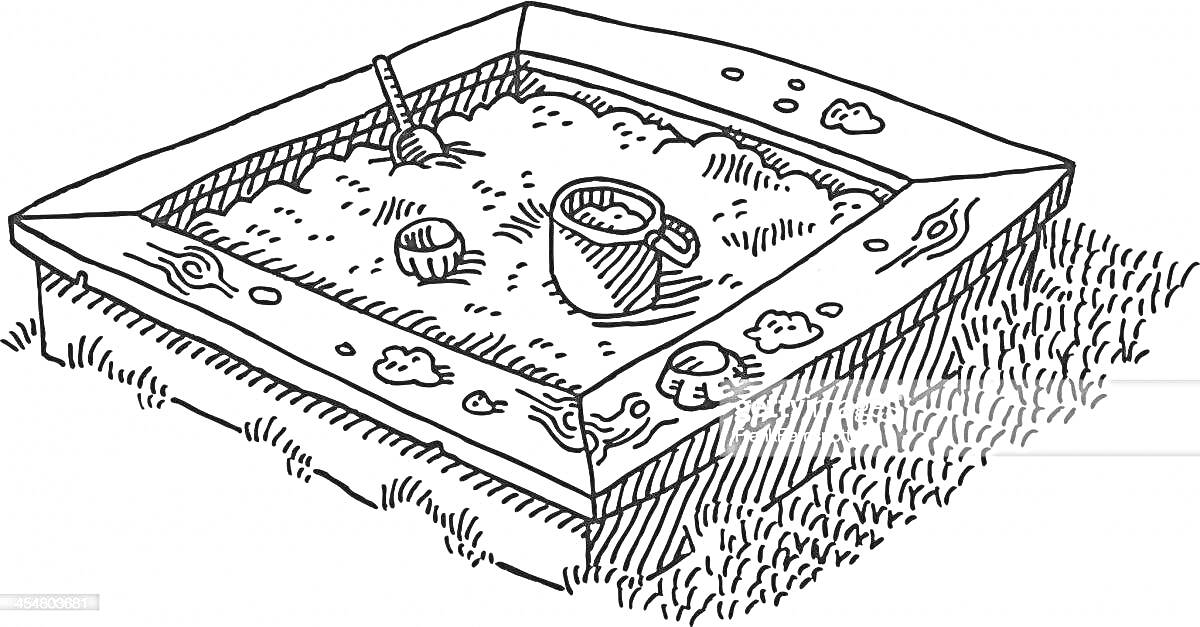 На раскраске изображено: Песочница, Ведёрко, Игрушки, Песок, Детство, Развлечения, Природа, Лето