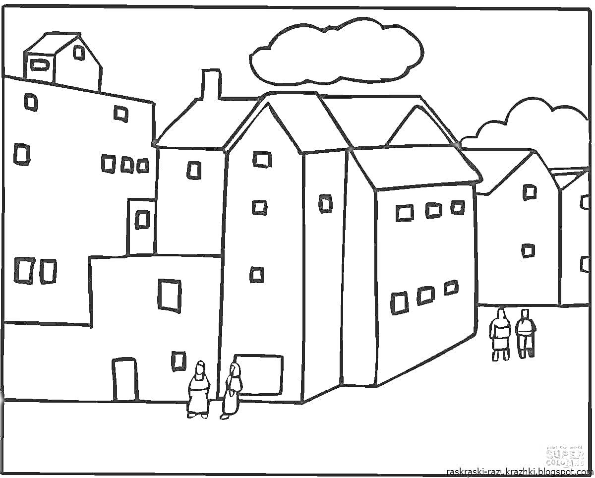 На раскраске изображено: Многоэтажки, Здания, Облака, Окна, Дом, Крыша, Человек, Города, Контурные рисунки, Улицы