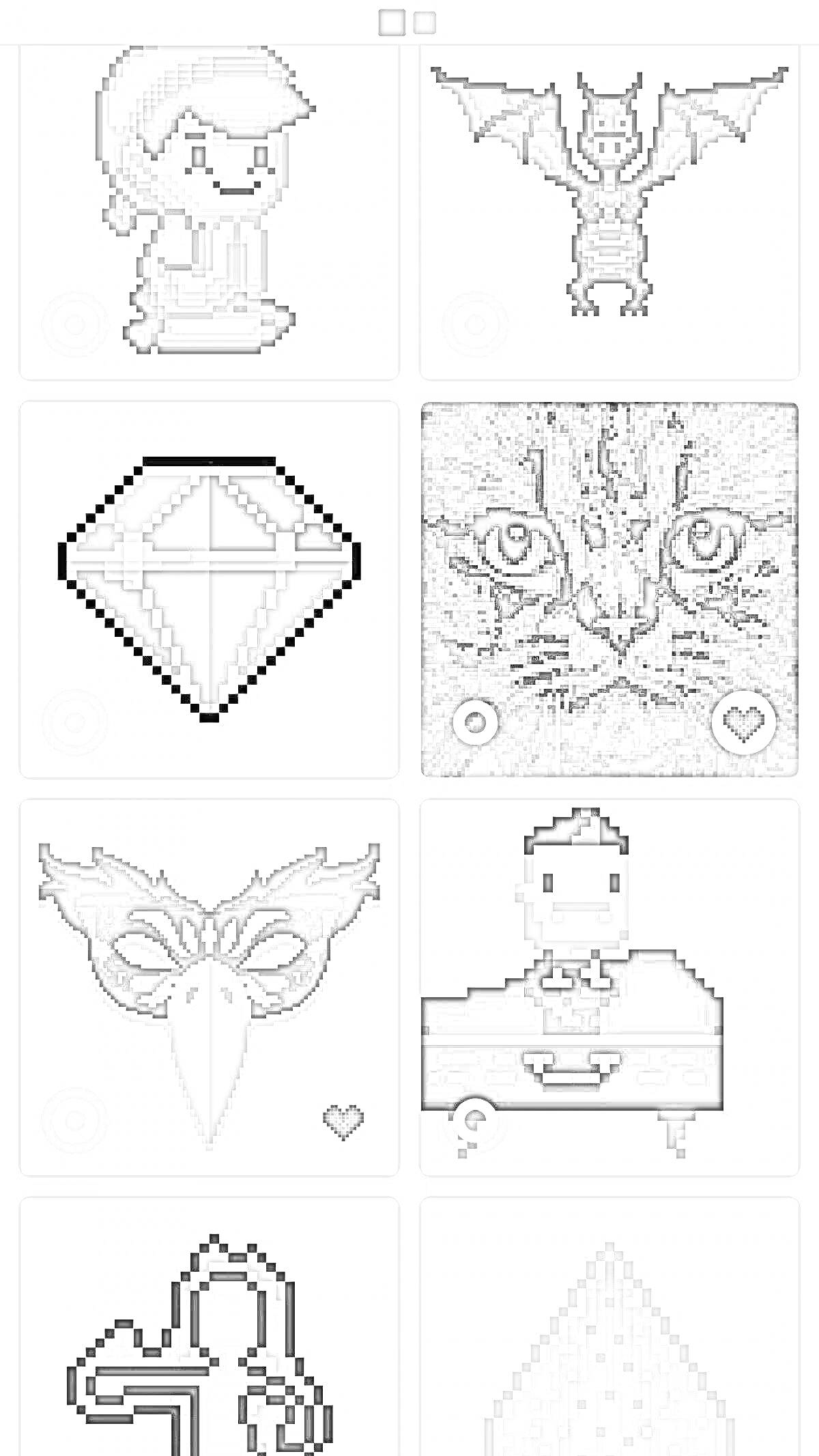 Раскраска мальчик, летучая мышь, алмаз, кот, маска, мужчина за пианино, растение, кристалл