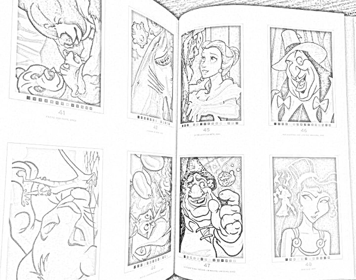 Раскраска Коллаж Диснеевских персонажей, включающий шесть рисунков: первый с львом и мышью, второй с быком, третий с женщиной в платье, четвёртый с женщиной и детьми, пятый с антропоморфным зверем, шестой с женщиной в платье.