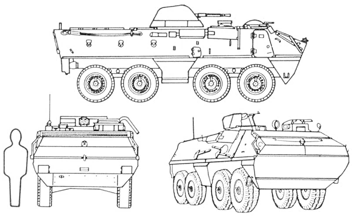 На раскраске изображено: БТР, Военная техника, Армия, Транспорт, Колесный транспорт