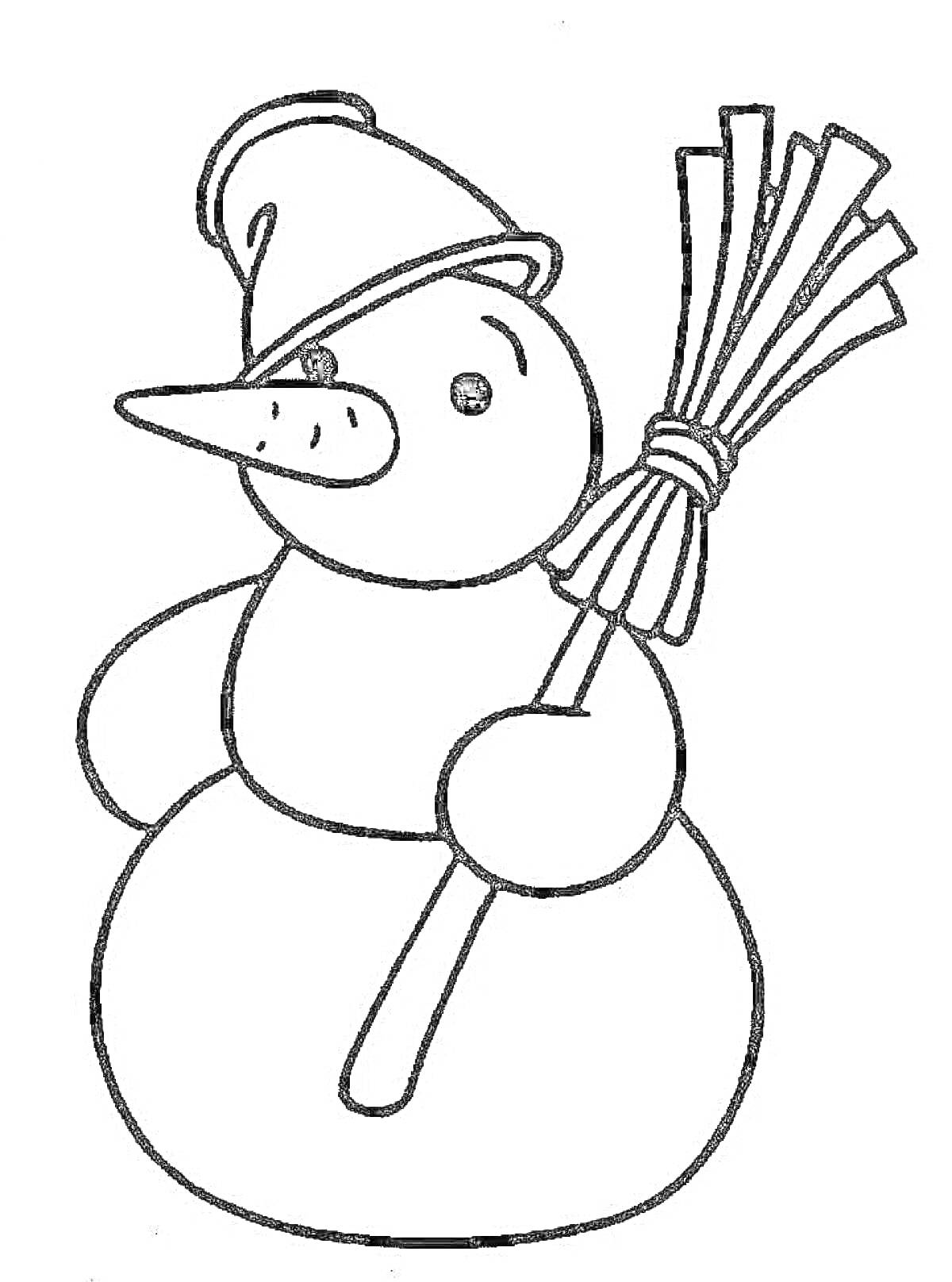 Раскраска Снеговик с метлой в колпаке