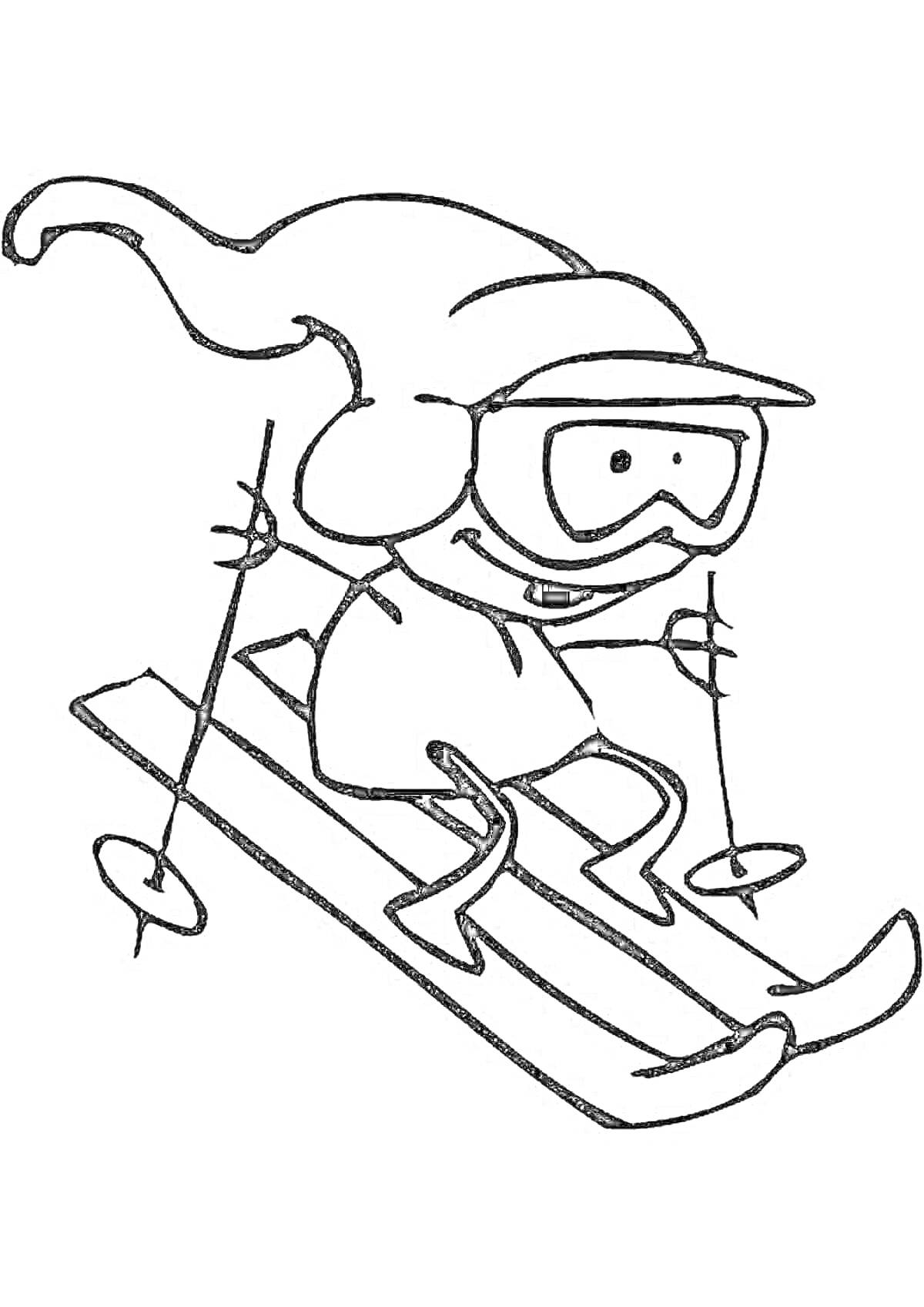 Раскраска Горнолыжник в шапке и очках на лыжах с палками