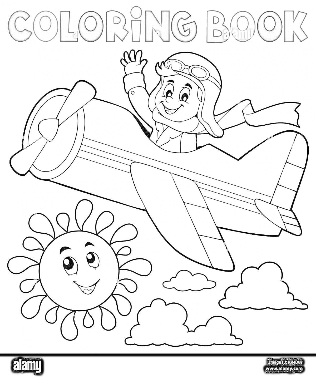 На раскраске изображено: Пилот, Солнце, Облака, Летчик, Небо