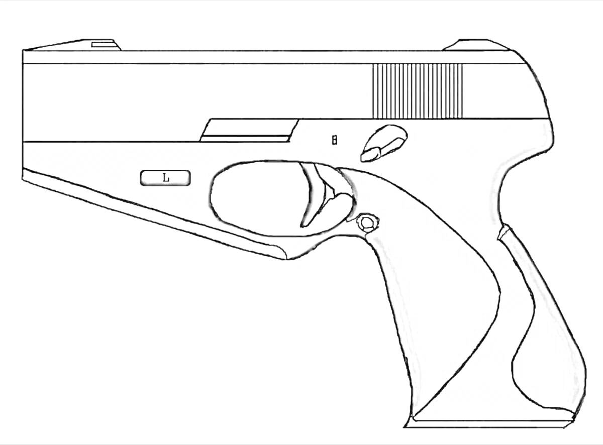 На раскраске изображено: Пистолет, Оружие, Детали, Спусковой крючок, Затвор, Контурные рисунки, Рукоятка