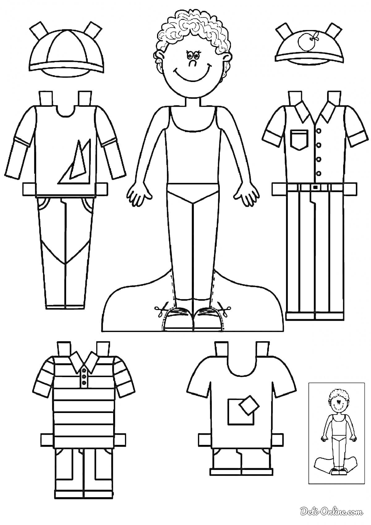 Раскраска Мальчик с одеждой для вырезания: футболка с кармашком, футболка с корабликом, полосатая футболка с шортами, рубашка с длинными штанами, бейсболка с логотипом, бейсболка с звездочкой
